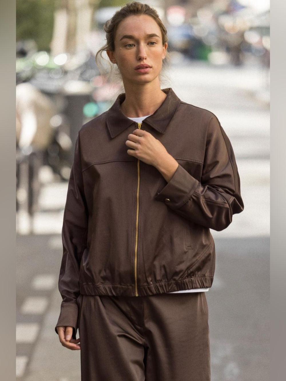 ZARA Brown Satin Zip Front Light Bomber Jacket - M NWT